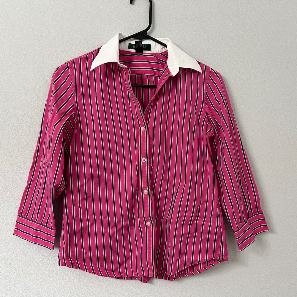 Lauren Ralph Lauren Womens Petite P Pink Navy Striped Button Down White Collar